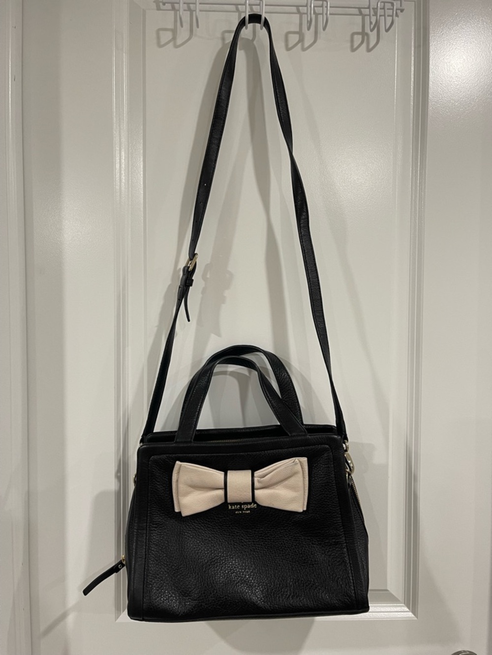 kate spade Black Leather Satchel with Cream Bow